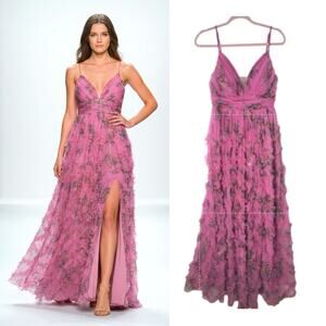 Giffniseti Ruffled Maxi Dress Wmn's Sz L Pink Floral Adj Spaghetti Straps Formal
